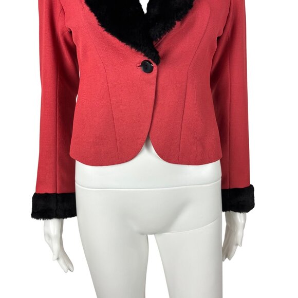 Vintage 80s Tuxedo Jacket Women's XS Salmon Black Faux Fur 40s Style Mini Blazer - Picture 4 of 10